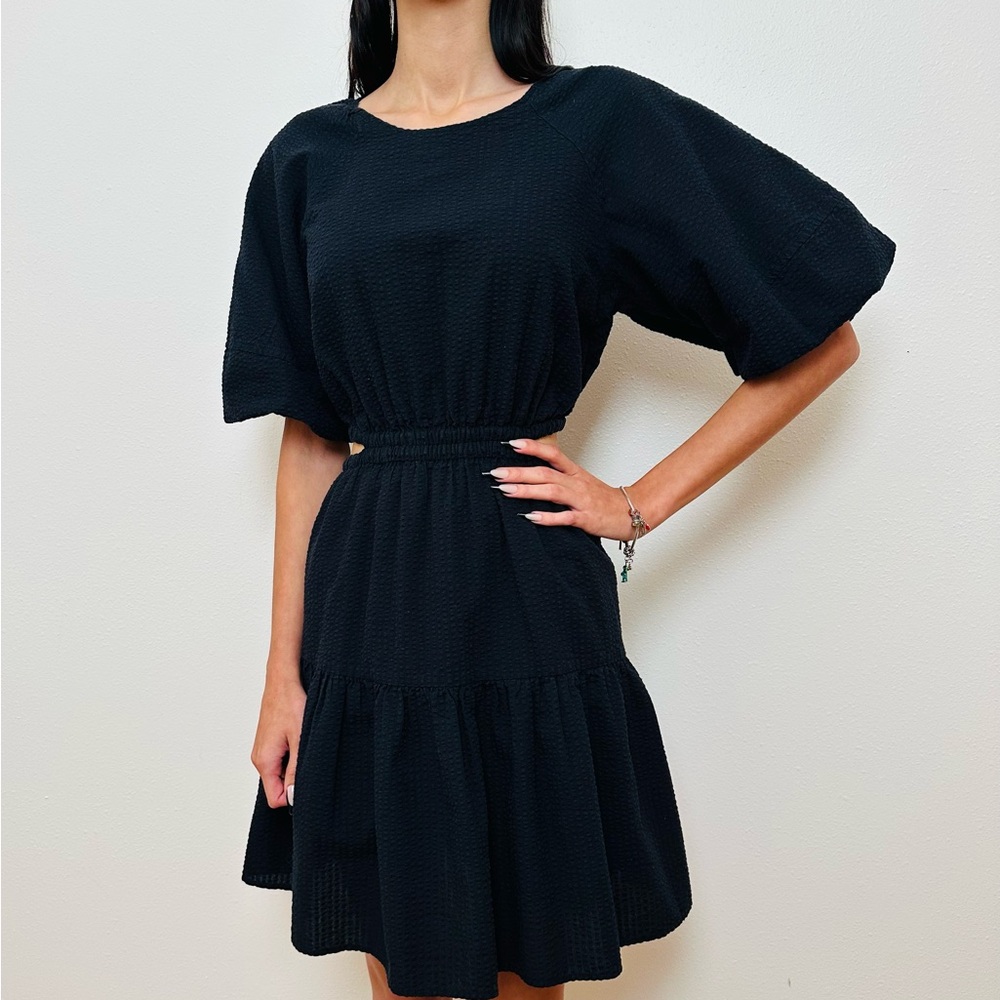 Madewell Seersucker Puff Sleeve Cutout Mini Dress Black